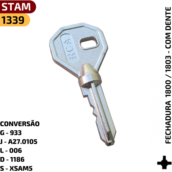 REFER�NCIAS:
:: G - 933
:: J - 105
:: L - 006
:: D - 1186
:: S - XSAM5
:: C�digo Stam - 41023

CARACTER�STICA:
:: Chave Tetra Niquelada

APLICA��O:
:: Fechaduras Stam 1800 - 1803