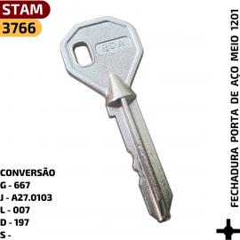 REFERNCIAS:
:: G - 667
:: J - 022
:: L - 432
:: D - 197 / 1197
:: Cdigo Stam: 41011



APLICAO:
:: Fechaduras Stam 1201



CARACTERSTICA:
:: Chave Tetra Niquelada