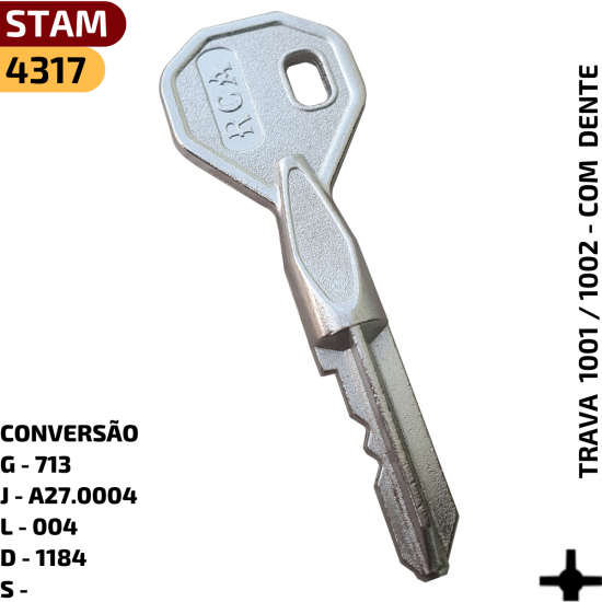 REFERNCIAS:
::G - 713
::J- A27.0004
::L- 004
::D- 1184
::Cdigo Stam - 41005



APLICAO:
:: Fechaduras Stam 1001 - 1002 - 1003 - KIT SEG. 1500/1600



CARACTERSTICA:
:: Chave Tetra Niquelada